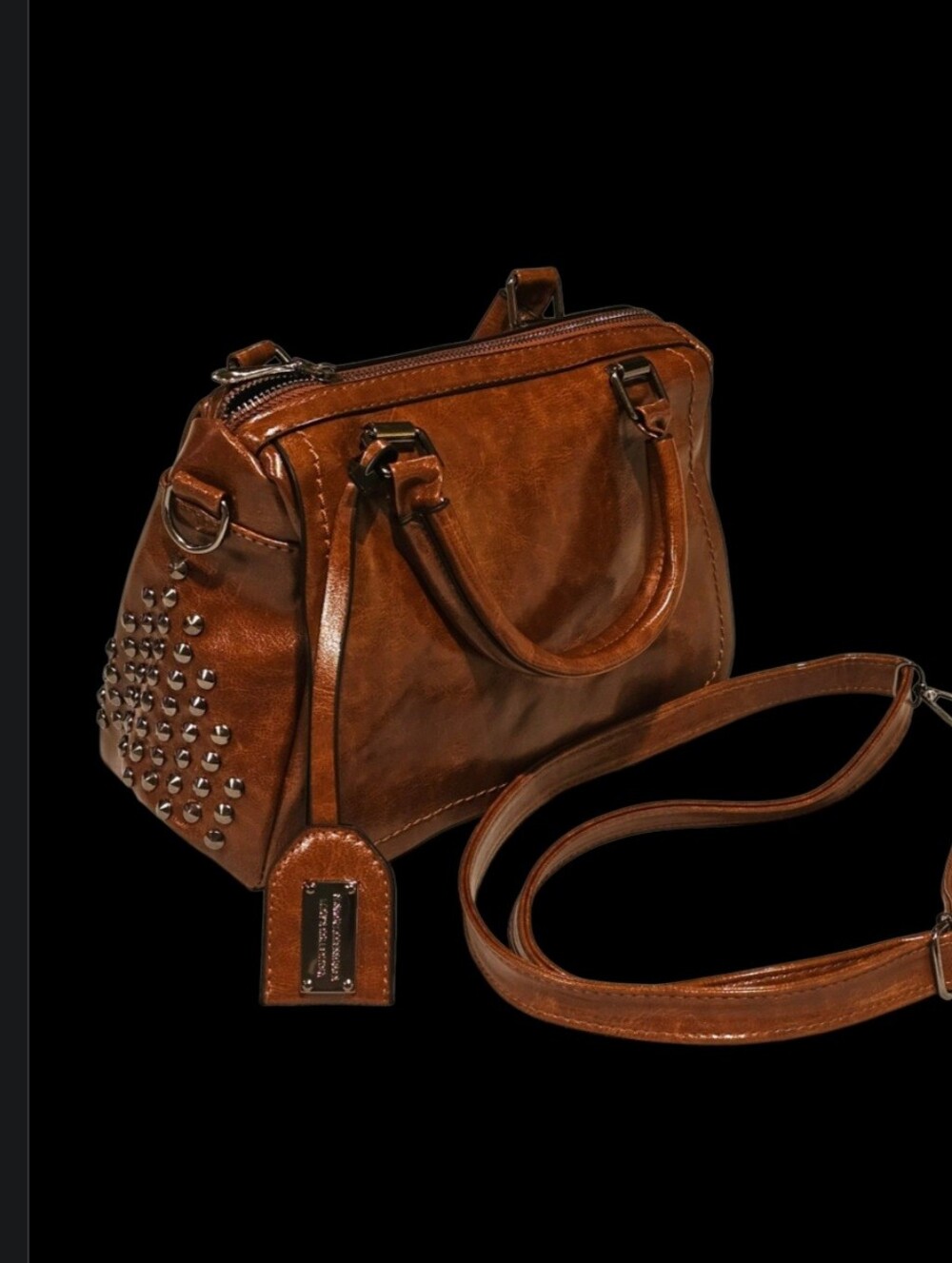 Brown Studded Double-handle Women's Satchel Shoulder Bag W/Removable Strap